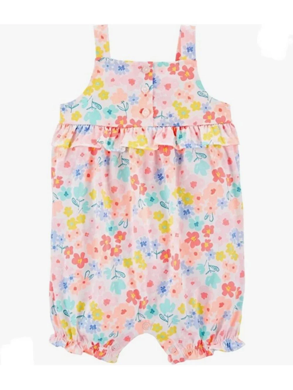 Carter's Floral Coral Cotton Romper Tank Sleeves with Ruffle Trim (6 Months)